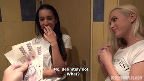 Two babes fuck for money in foursome